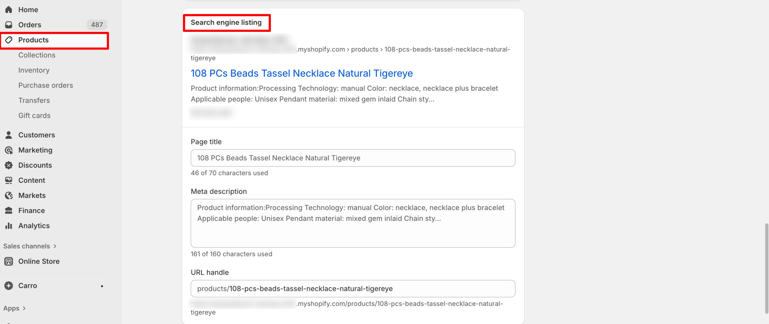 SEO edit example in Shopify Poduct page