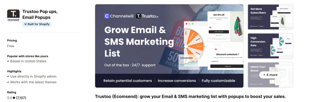 Trustoo Pop ups, Email Popups. Shopify App Listing Screenshot BFCM 2025